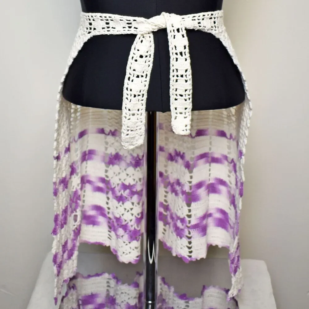 Vintage Handmade Crochet Half Apron White Purple Boho Farmhouse Kitchen Cottage
